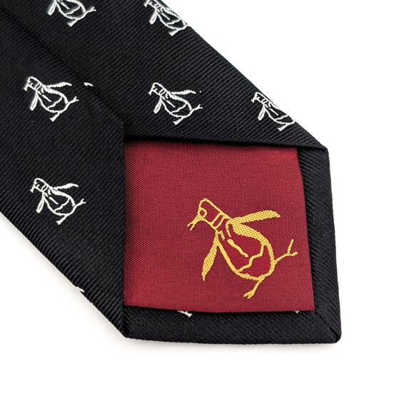 Original Penguin Repp Tie Embroidered Silk Black White Repeating Retro Skinny - Picture 5 of 8